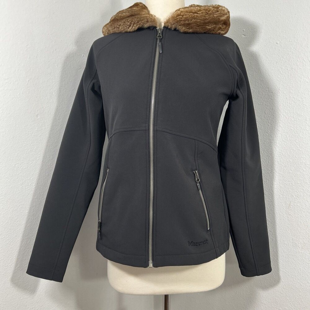 Marmot Jacket‎ Womens S Petite Black Faux Furlong Hood Fleecelined Soft Shell